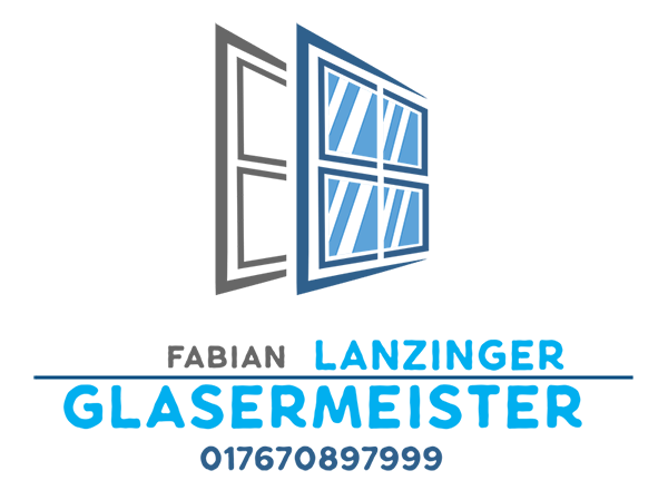 Logo Fensterservice Lanzinger - zwei Fenster und darunter der Schriftzug "Fabian Lanzinger Glasermeister" mit Telefonnummer